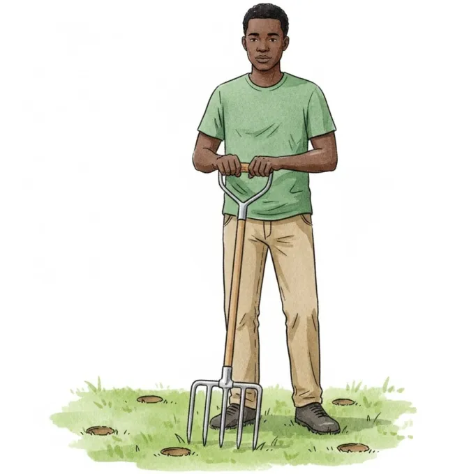 Young gardener aerating his lawn